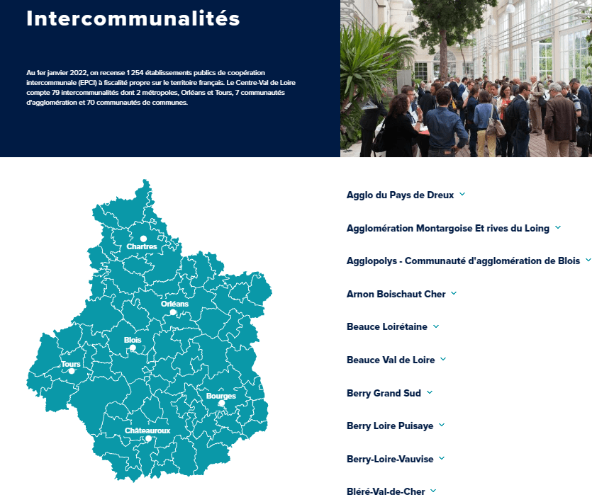 Une carte interactive présente chacune de 79 communautés de communes du Centre-Val de Loire.
