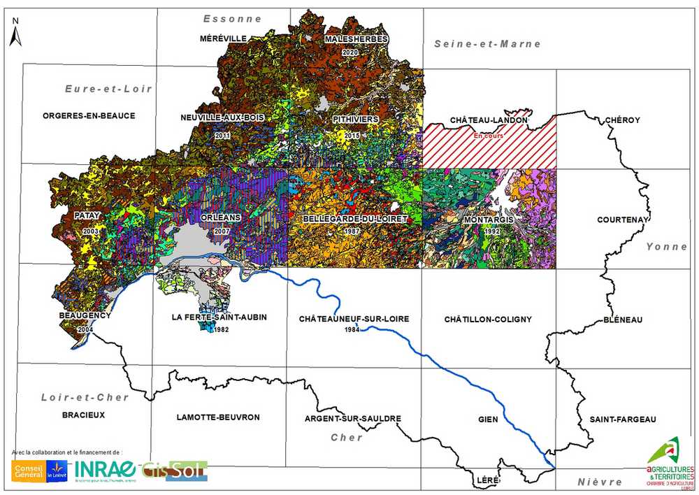 La cartographie des sols à l’échelle 50 000ème (1 cm pour 500 mètres) couvre une grande partie du nord du Loiret.